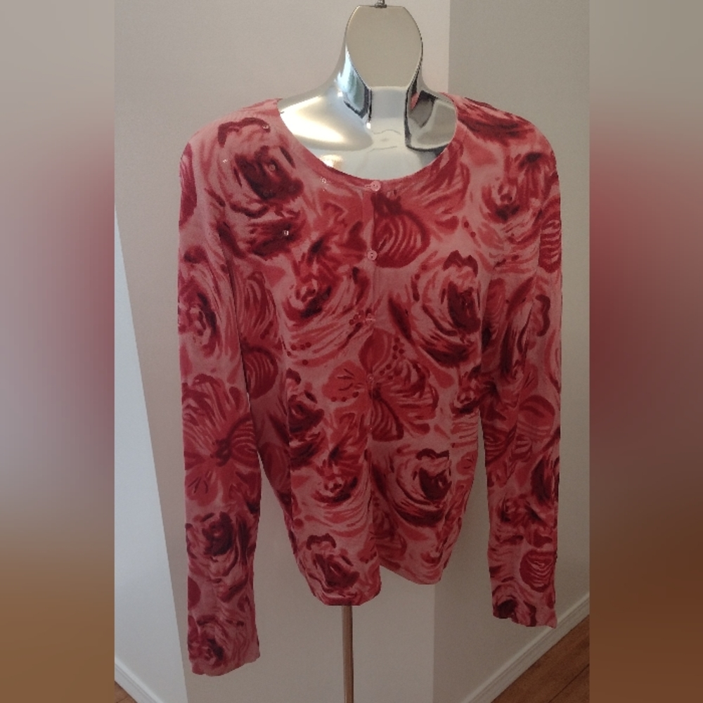 My Style brand pink & red silk blend floral Cardigan ptp 22"